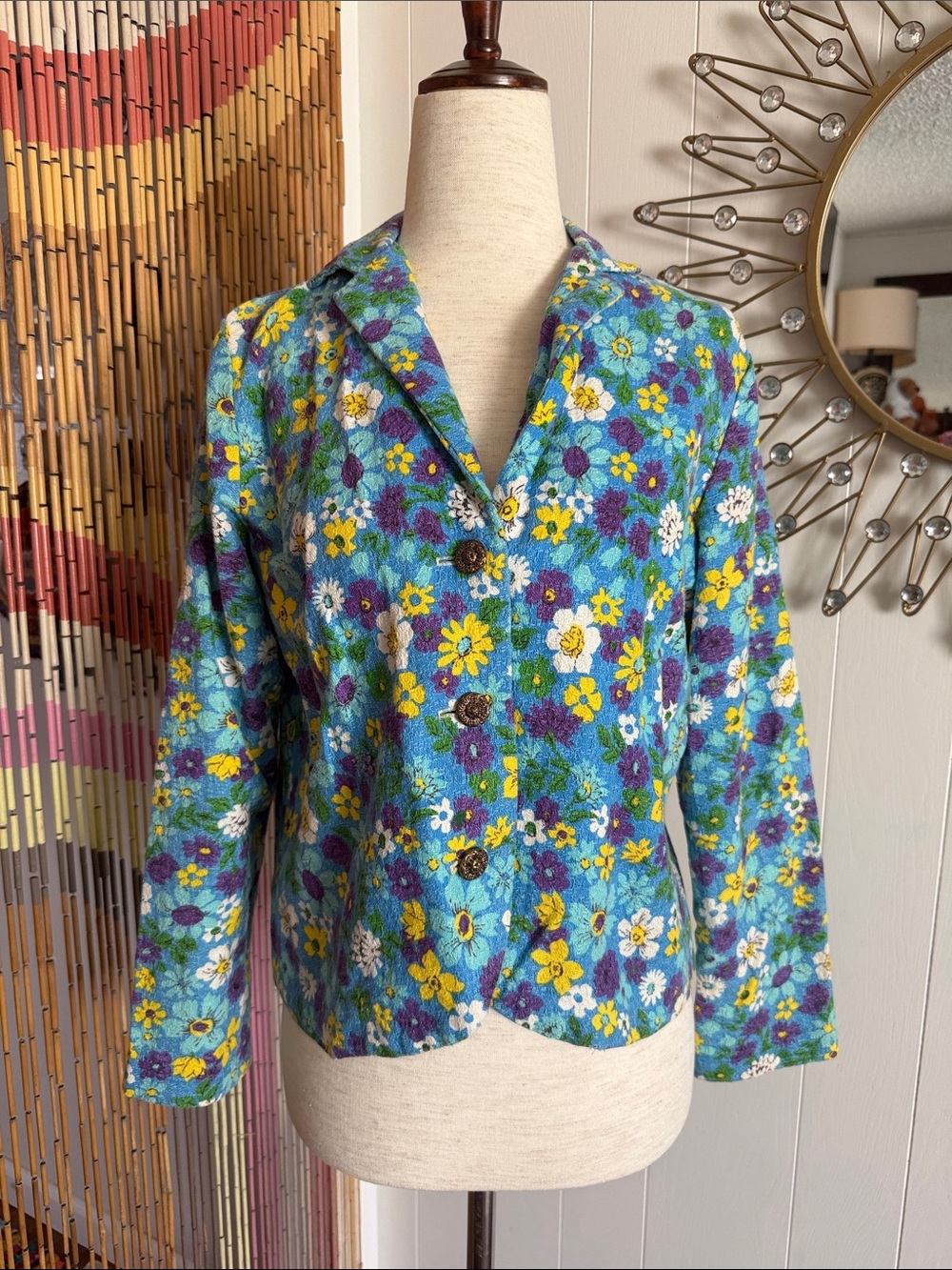 Vintage Blue Floral Button-Front Blazer